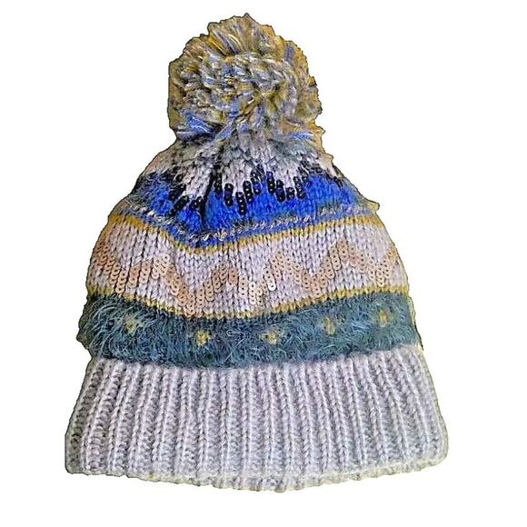 ZARA Kids Beanie/Stocking Cap Acrylic/Cotton Tan Sequins Pom Fair Isle Lined - Picture 1 of 8